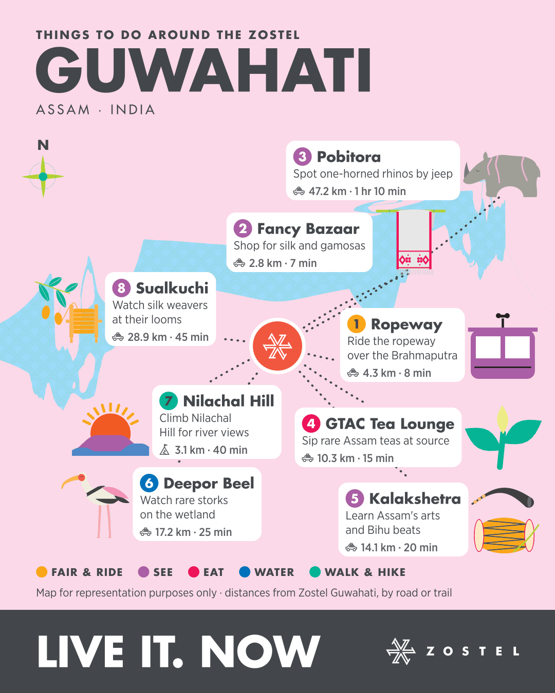 The Guwahati phone map: things to do around Zostel Guwahati, with distances and times