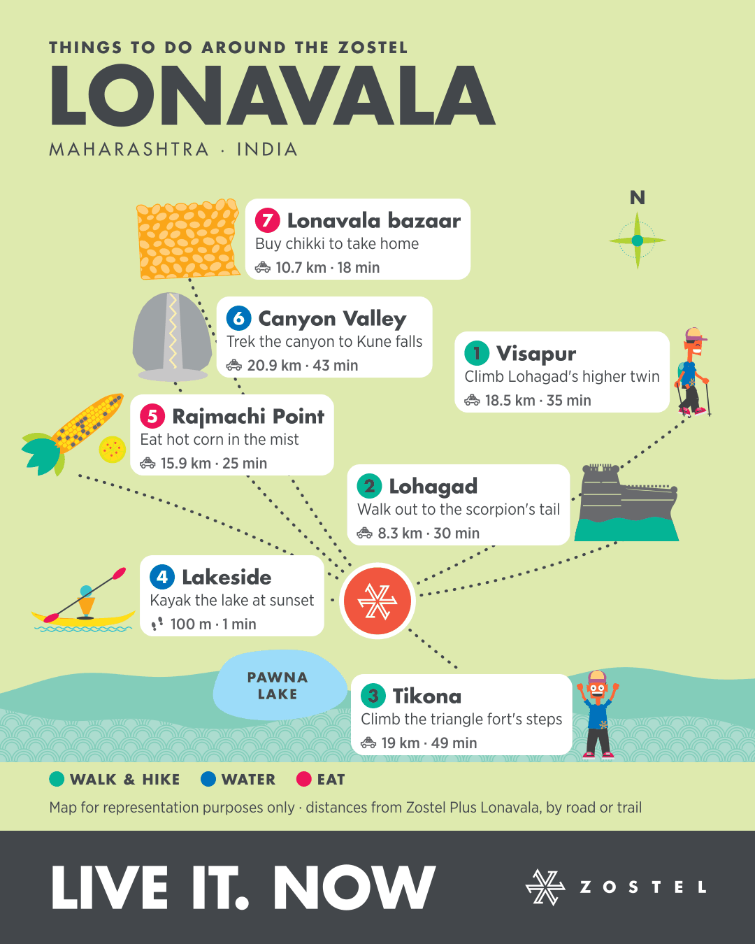 The Lonavala phone map: things to do around Zostel Plus Lonavala, with distances and times