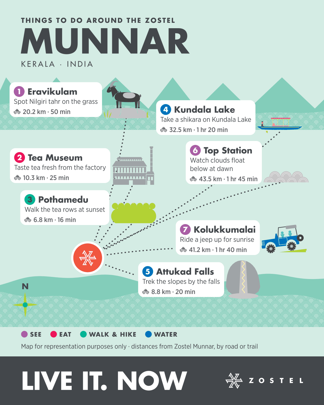 The Munnar phone map: things to do around Zostel Munnar, with distances and times