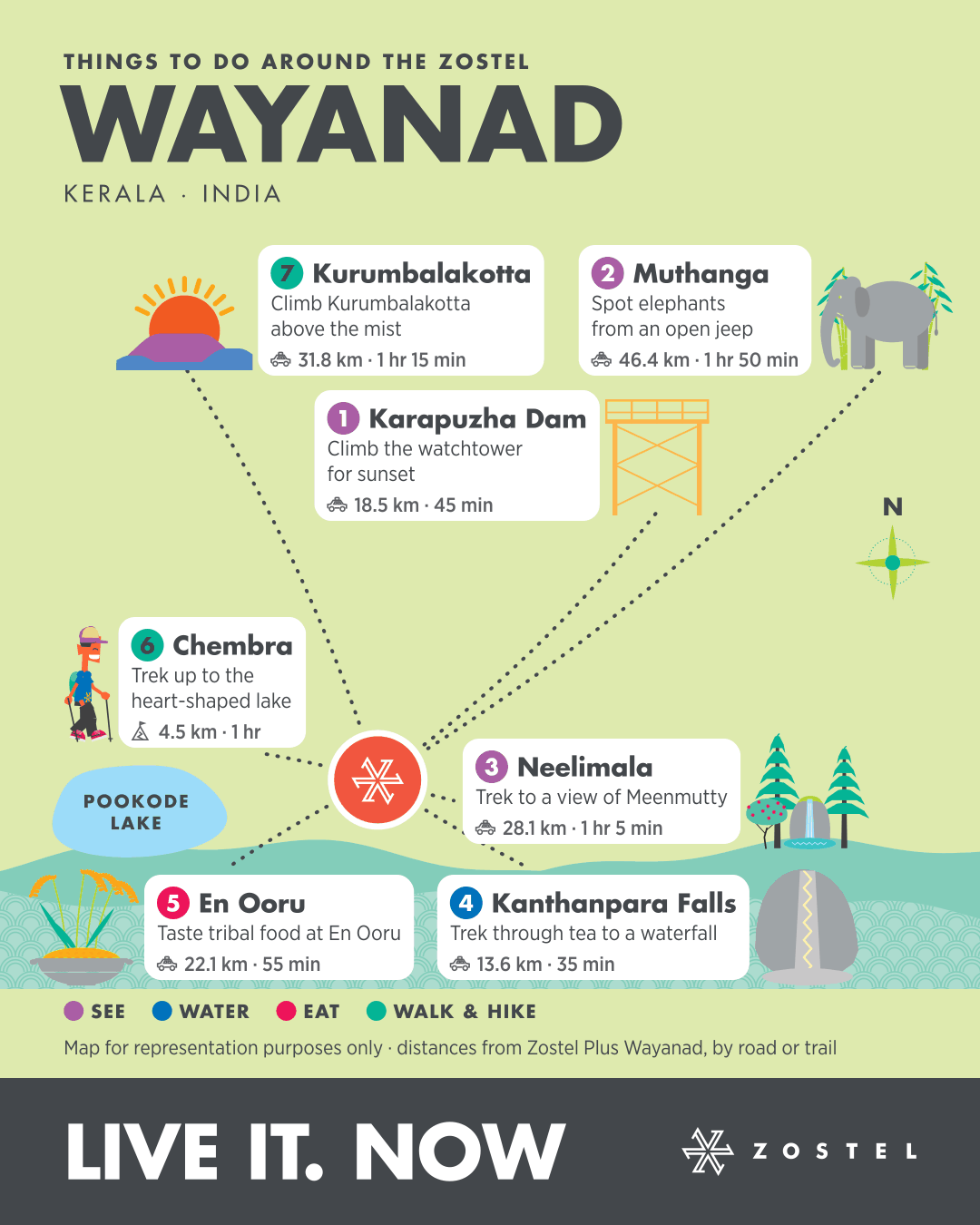 The Wayanad phone map: things to do around Zostel Plus Wayanad, with distances and times