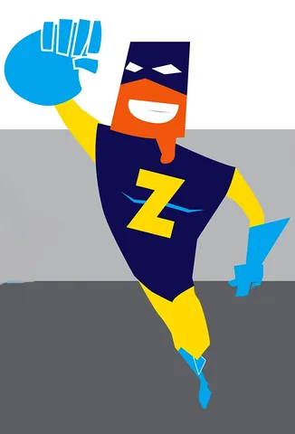 Captain Zo, the 2013 concept art: a superhero in a navy suit with a yellow Z, flying, one fist up
