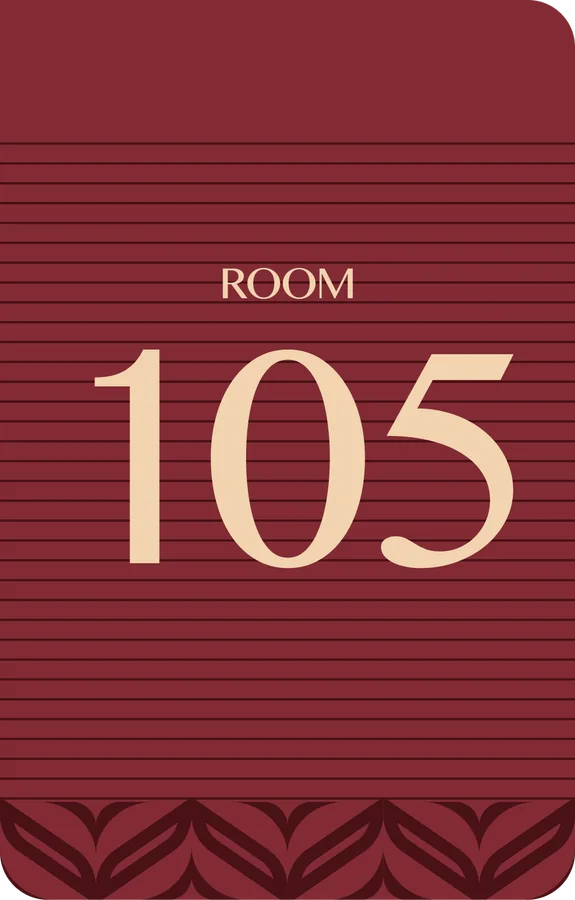 Room number: ROOM 105 on hairlines, a leaf frieze at the foot